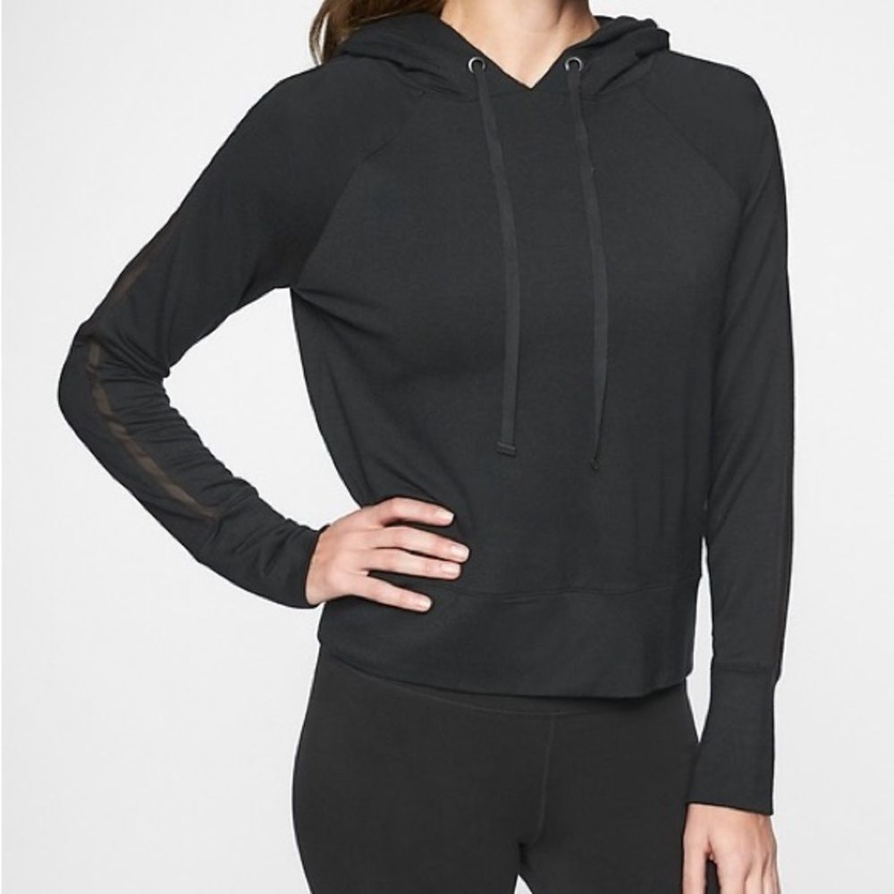 ATHLETA BLACK MEDIUM MODAL STRETCH HOODIE WITH SHEER MESH STRIPES ON ARMS